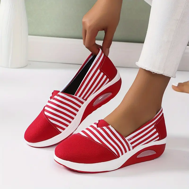 womens contrast color striped sneakers platform slip on daily walking soft sole shoes comfort low top wedge shoes details 8