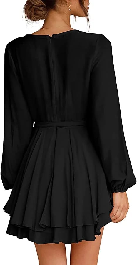 🔥V-Neck Waist Tie Ruffle Mini Swing Skater Dresses❤️Buy 2 Free Shipping