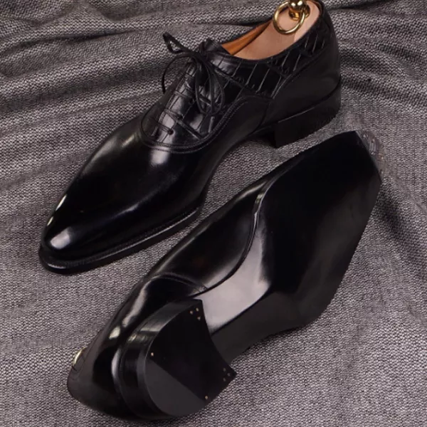 Black Leather Laceup Splice Dress Shoes-Zittor