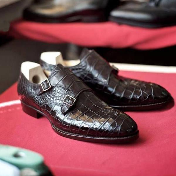 Black Formal Double Buckle Crocodile Monk Shoes-Zittor