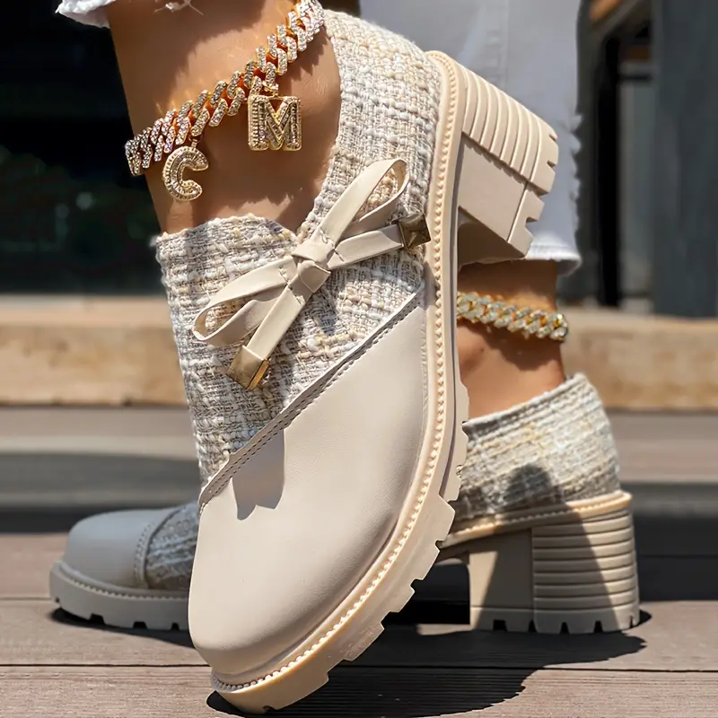 womens elegant colorblock shoes bowknot decor side zipper comfy shoes chunky heel dress shoes details 9