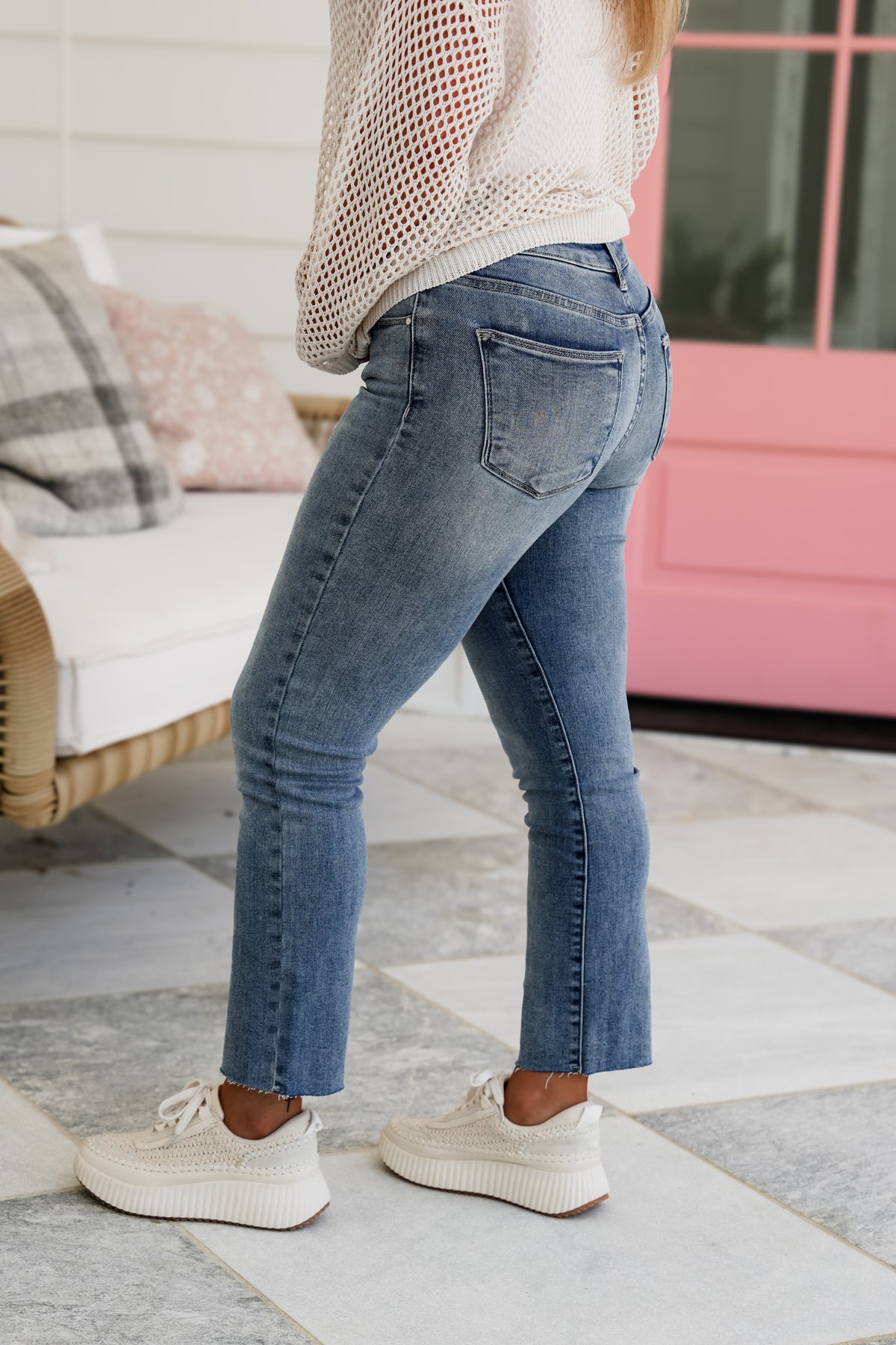 Risen Your Bestie High Rise Medium Wash Raw Edge Hem Straight Leg Jeans