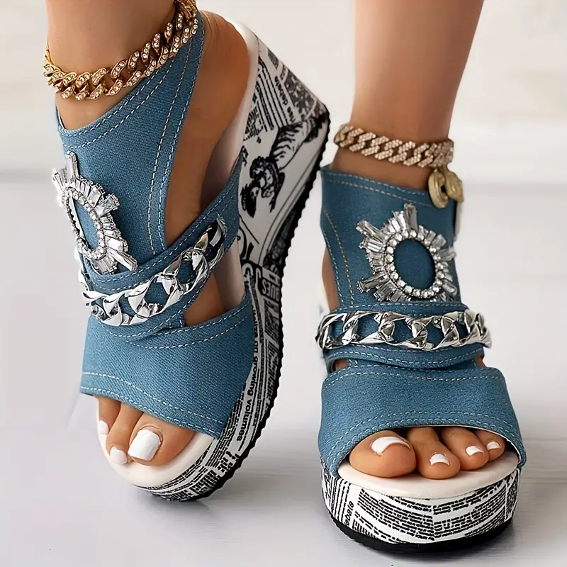 Women s Chain Rhinestone Decor Sandals Slingback Peep Toe details 7