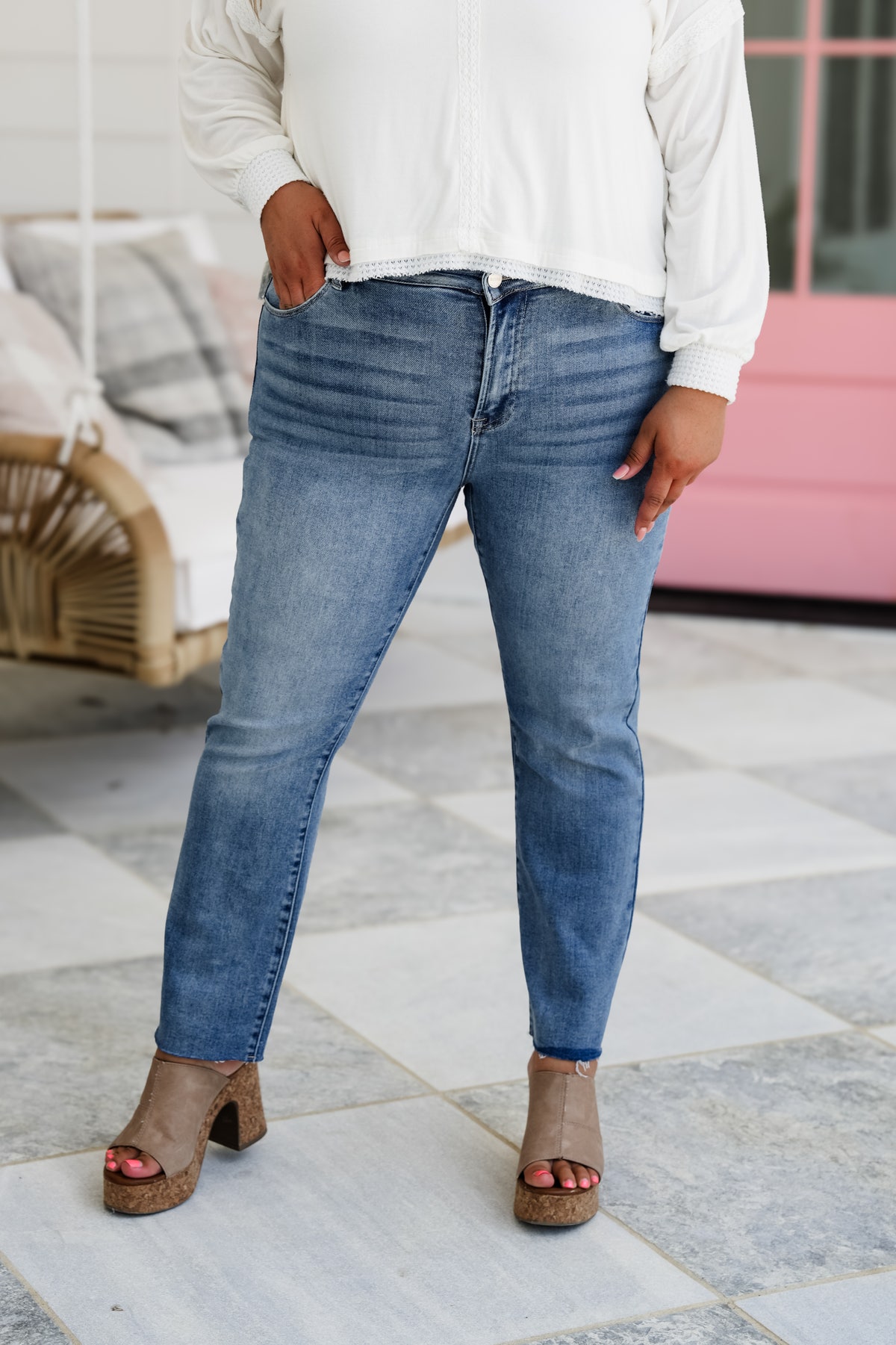 Risen Your Bestie High Rise Medium Wash Raw Edge Hem Straight Leg Jeans