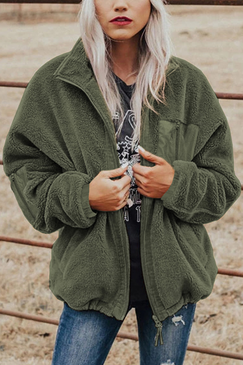 Blue Black Zip Up Sherpa Coat with Pocket