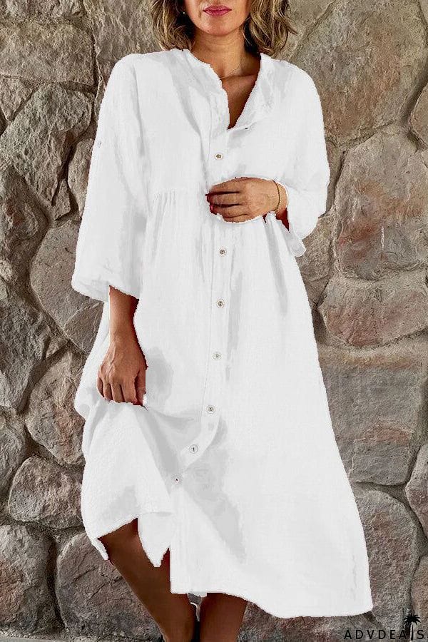 🔥LAST DAY SALE 70%🔥Mindful Cotton Blend Solid Color Button Casual Midi Dress-FREE SHIPPING