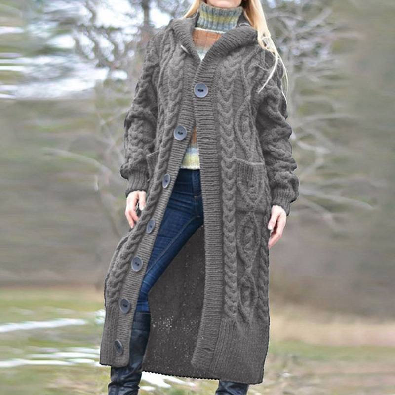 Women's Warm Button Up Hooded Long Sweater