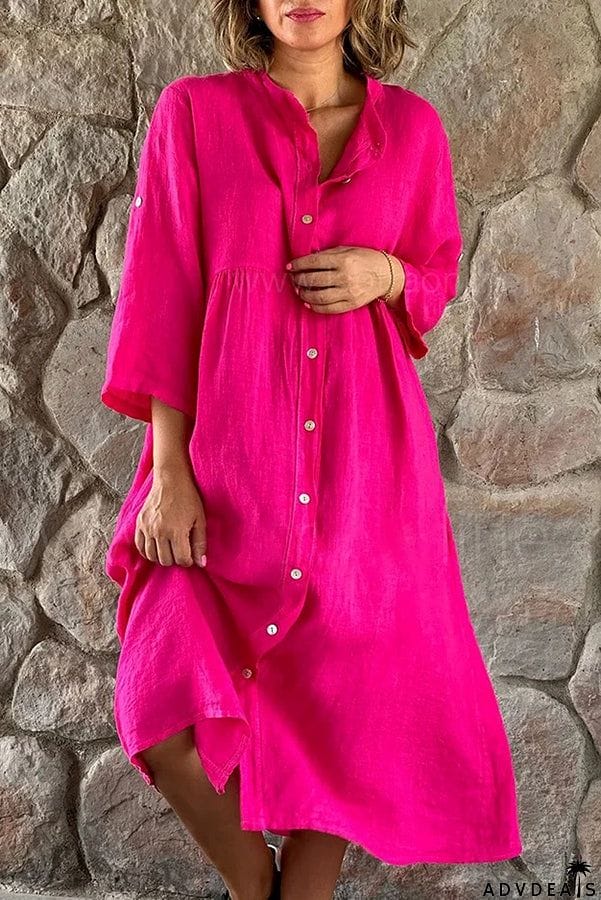 🔥LAST DAY SALE 70%🔥Mindful Cotton Blend Solid Color Button Casual Midi Dress-FREE SHIPPING