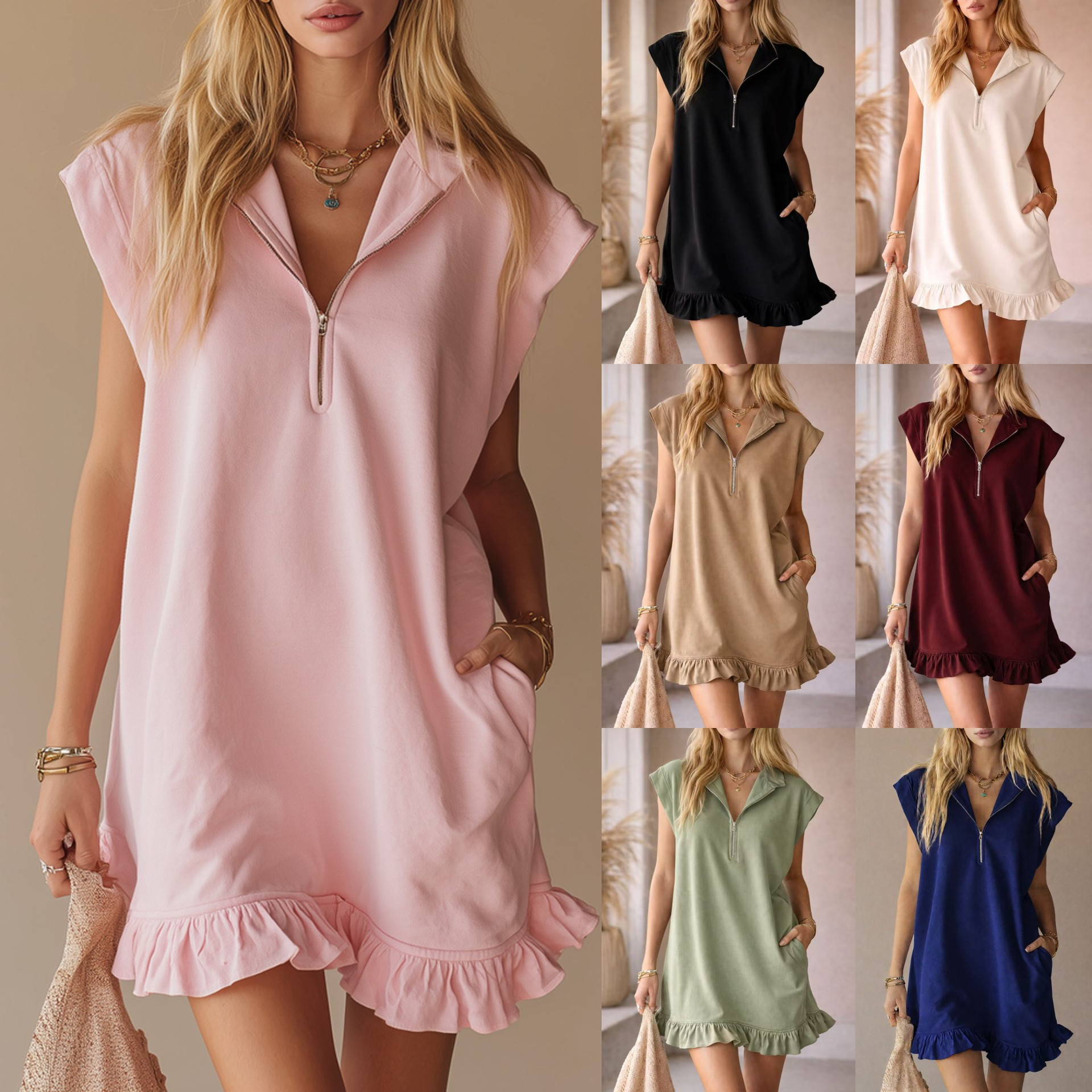 ❤2026 New Women's Half Zip Stand Collar Sleeveless Ruffle Hem Dress with Pockets💥Limited Sale 50% OFF