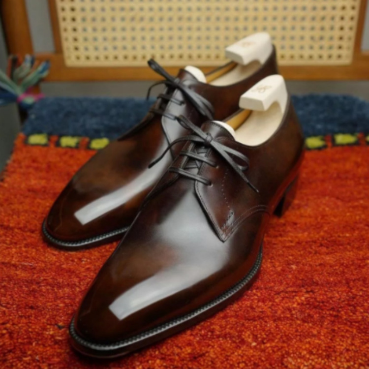 Brown glossy handmade leather derby shoes-Zittor