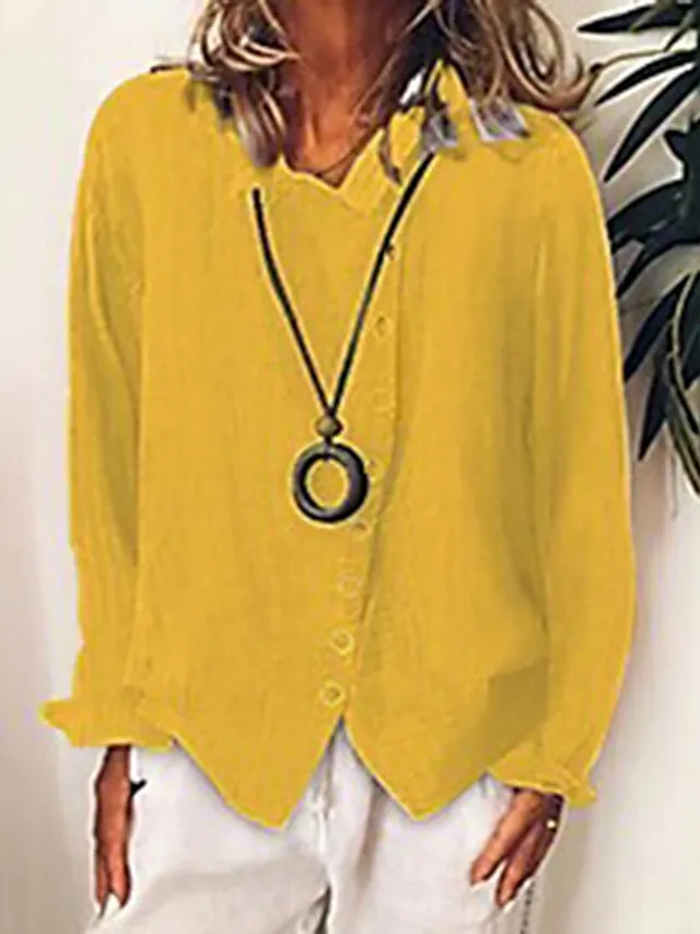WOMEN'S CASUAL SHIRT SOLID COLOR LOOSE BUTTON LONG SLEEVES