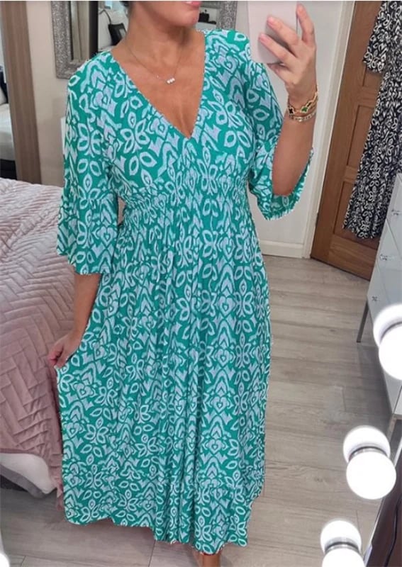 🌸 💞Casual Printed V-Neck Long Dress