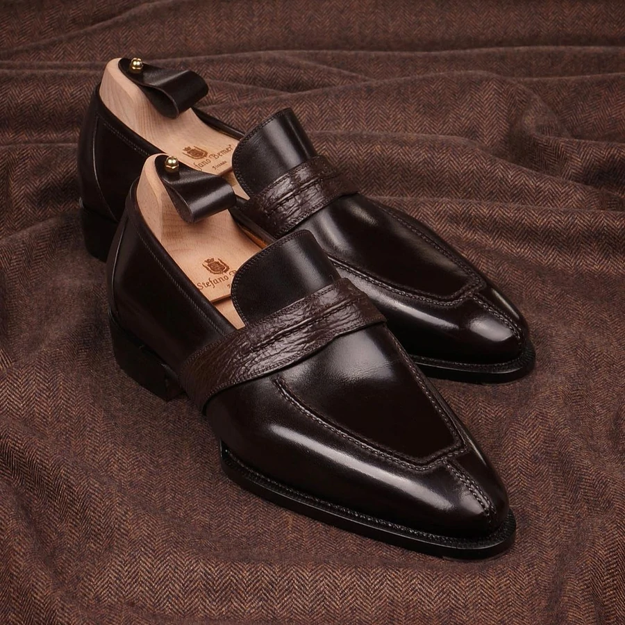MEN'S DARK BROWN BOX CALF SPLIT TOE LOAFERS-Zittor