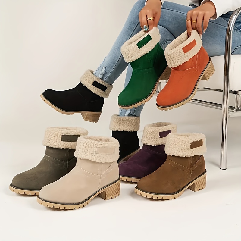 Women's Chunky Heel Slip-On Plush Lined Ankle Boots