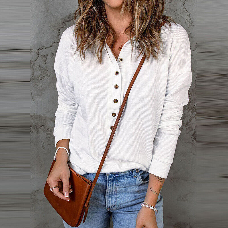 Womens Long Sleeve Knitted Jumper Tops Ladies Casual Baggy Plain Button T Shirt