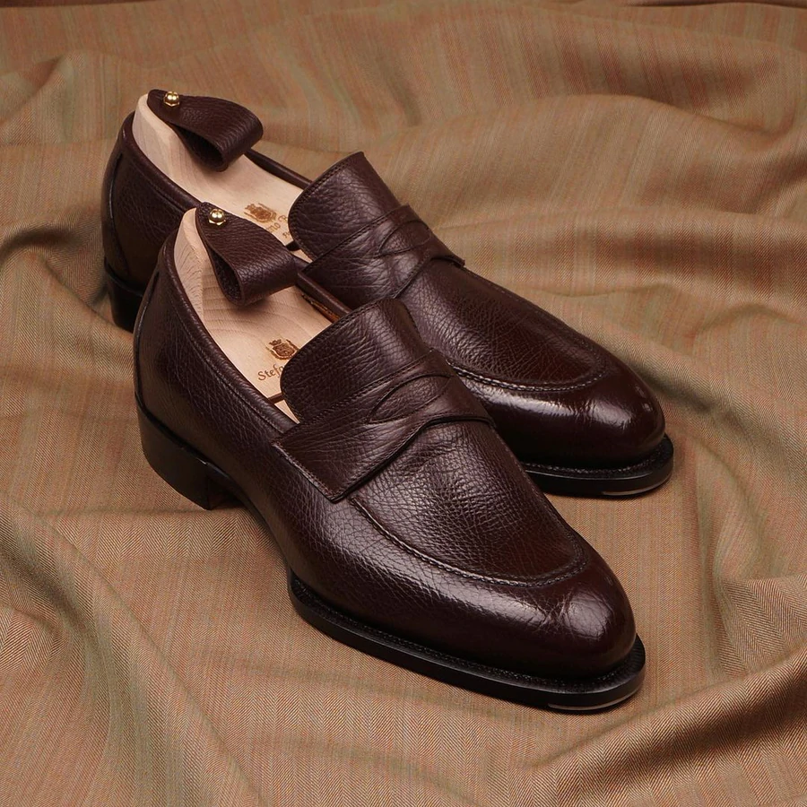 MEN'S DARK BROWN LAMA CALF PENNY LOAFERS-Zittor