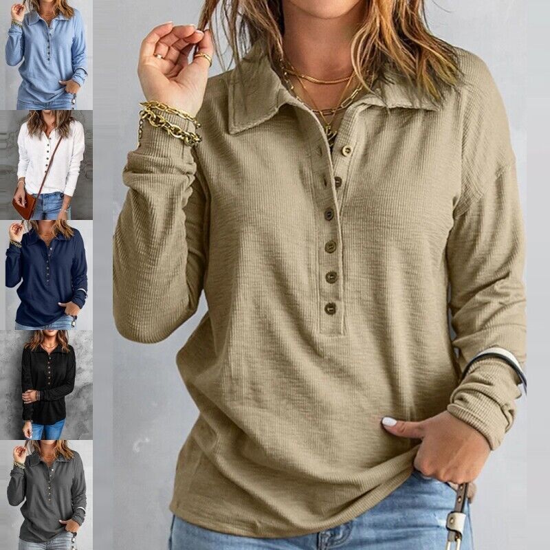 Womens Long Sleeve Knitted Jumper Tops Ladies Casual Baggy Plain Button T Shirt