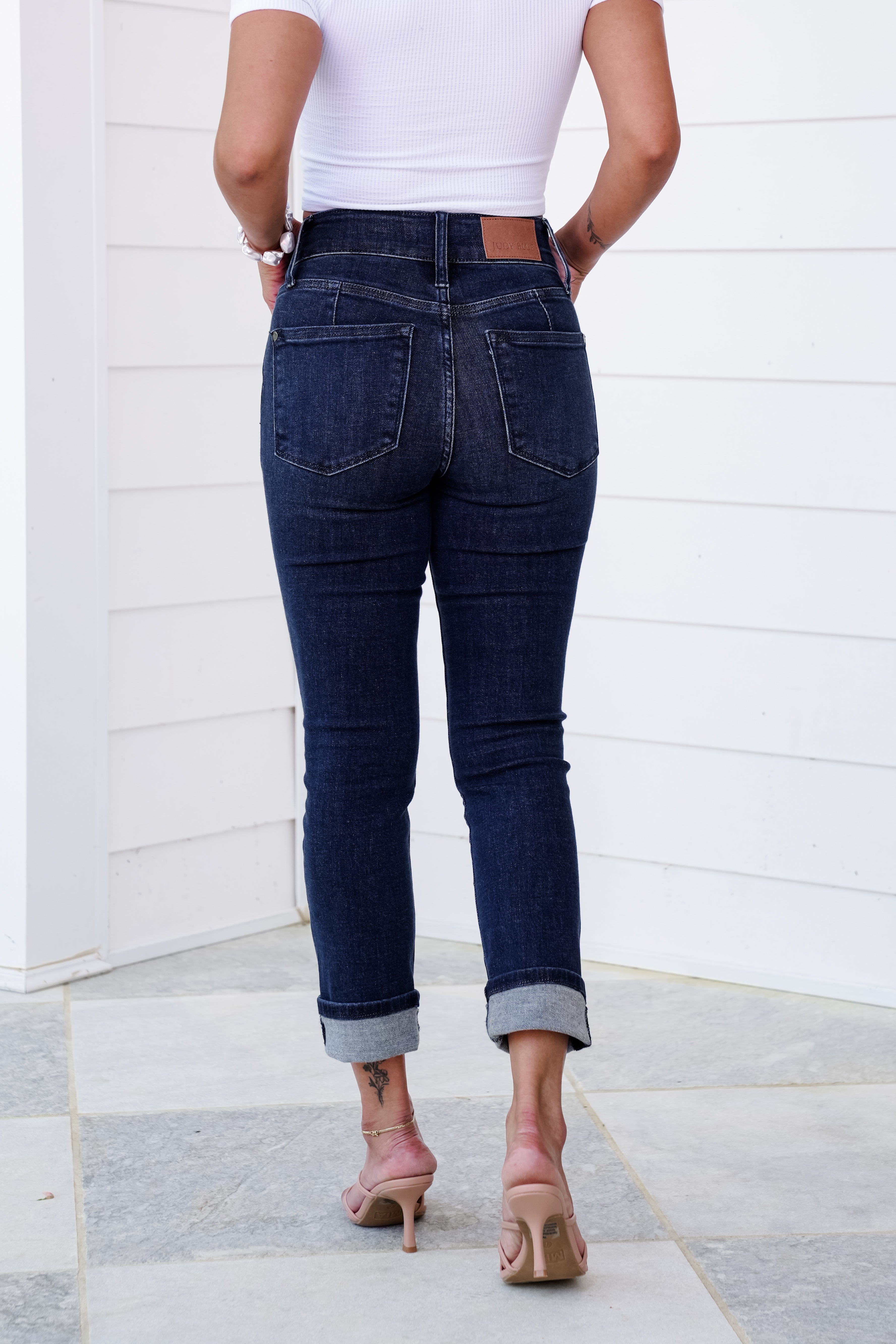 High Rise Dark Wash Double Waist Band Capri