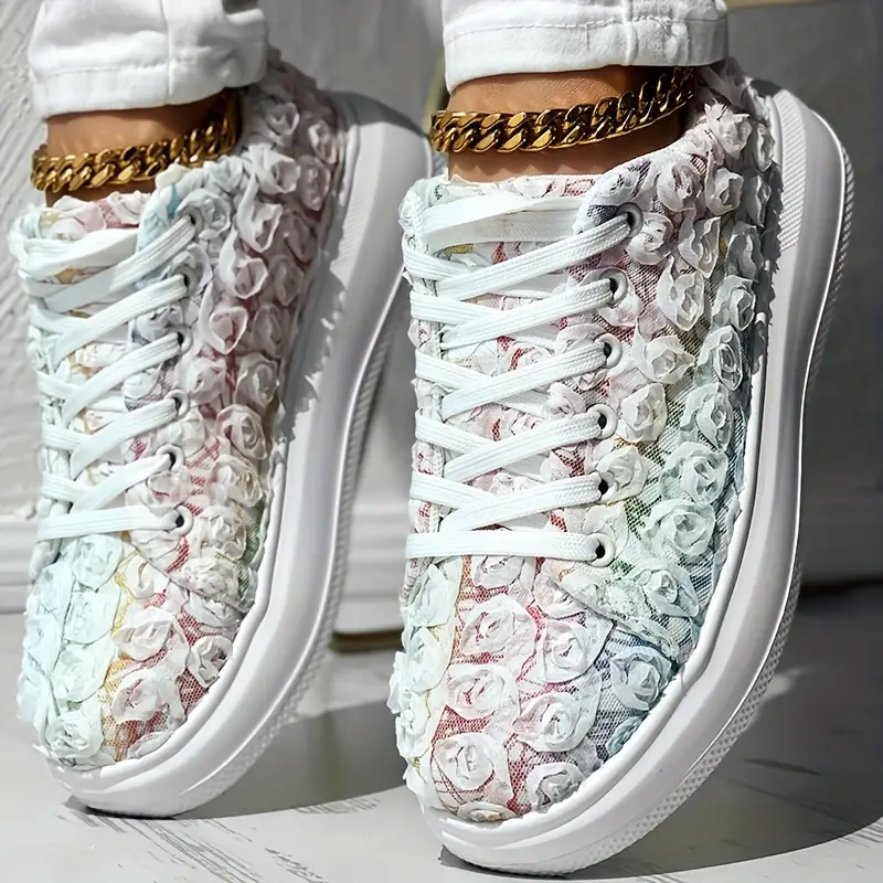 Women s Bridal Floral 3d Sneakers Lace Platform Soft Sole details 7