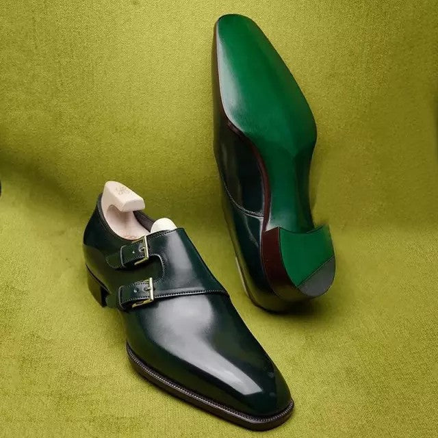 Dark green men's senior master design double buckle monk shoes-Zittor