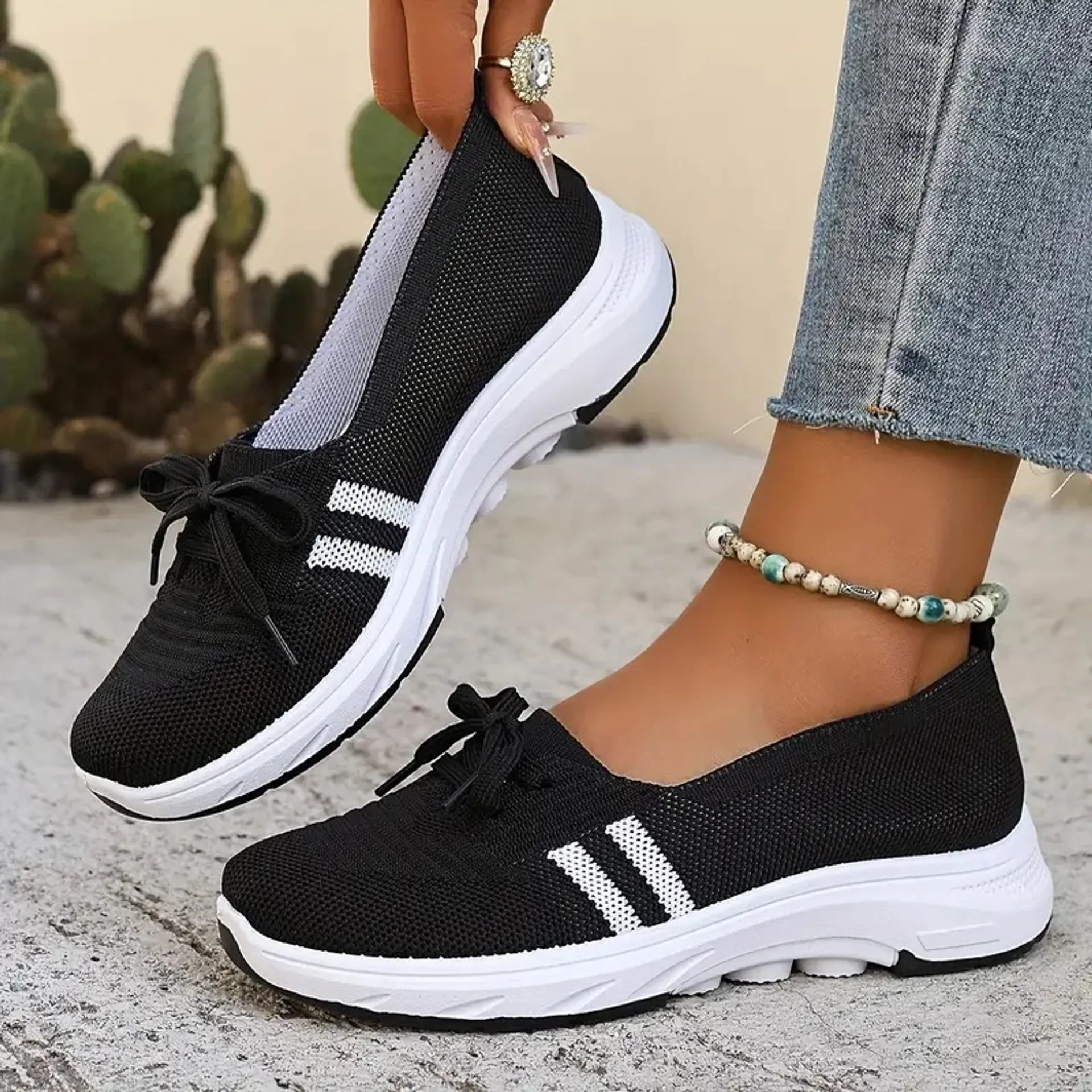 🔥Summer Best Seller🔥Women’s Breathable Knit Slip-On Sneakers with Bow – Lightweight Low-Top Casual Shoes in Beige & White for Everyday Comfort
