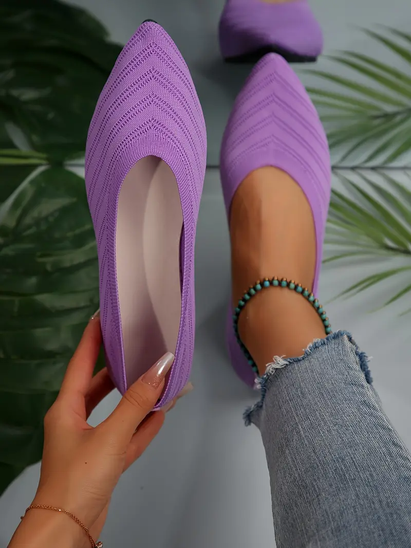 womens pointed toe flat shoes solid color knitted slip on shoes casual breathable ballet flats details 41
