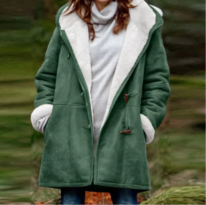 Women's Coat Solid Color Casual Button Cardigan Warm Mid-Length Hooded Pocket