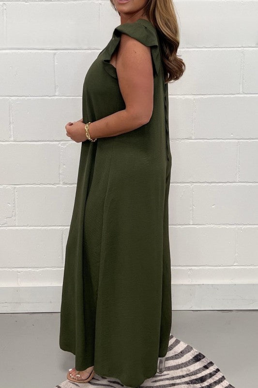 Green Ruffled Sleeve Back Tie Jumpsuit