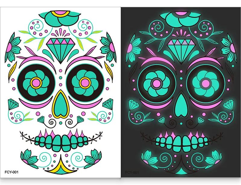 Hot sale in Europe and the United States Funny Halloween two-color luminous tattoo stickers face stickers Day of the Dead scar tattoo stickers spot