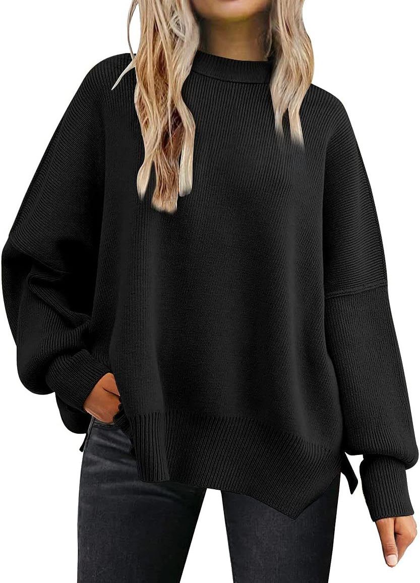 Woman's long-sleeved sweater 2023 Amazon autumn knitted side slit pullover