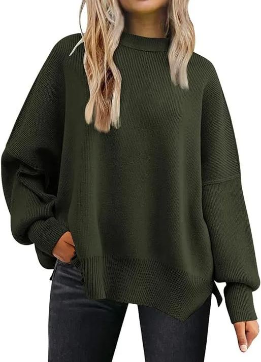 Woman's long-sleeved sweater 2023 Amazon autumn knitted side slit pullover