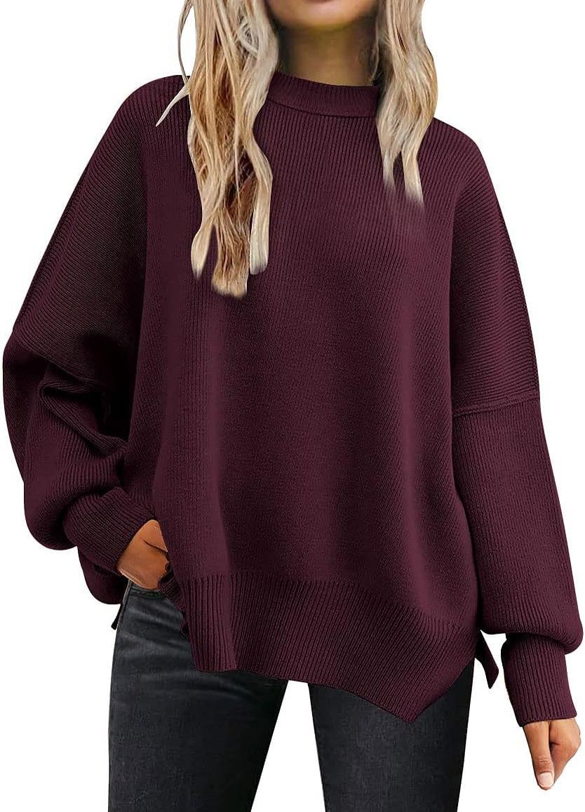 Woman's long-sleeved sweater 2023 Amazon autumn knitted side slit pullover