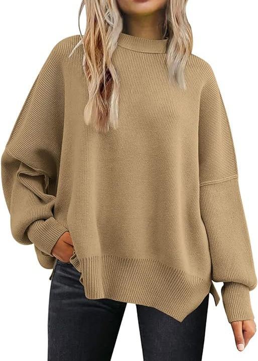 Woman's long-sleeved sweater 2023 Amazon autumn knitted side slit pullover