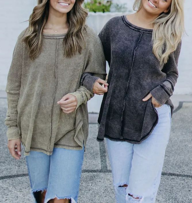 Washed Waffle Reverse Seam Long Sleeve Tee