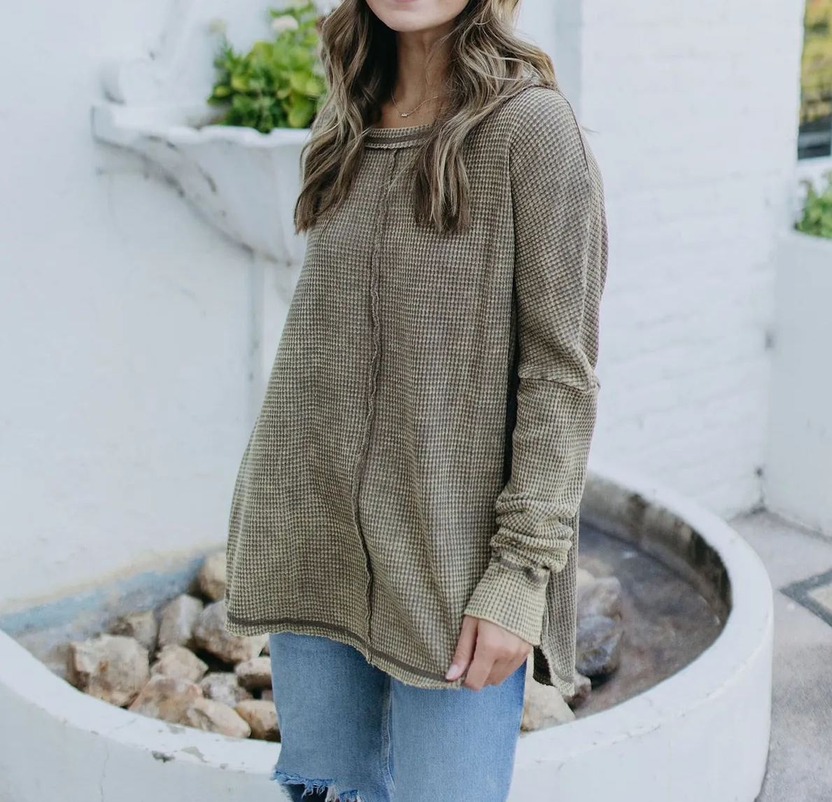 Washed Waffle Reverse Seam Long Sleeve Tee