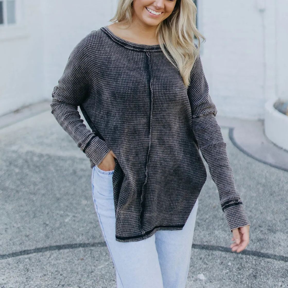 Washed Waffle Reverse Seam Long Sleeve Tee