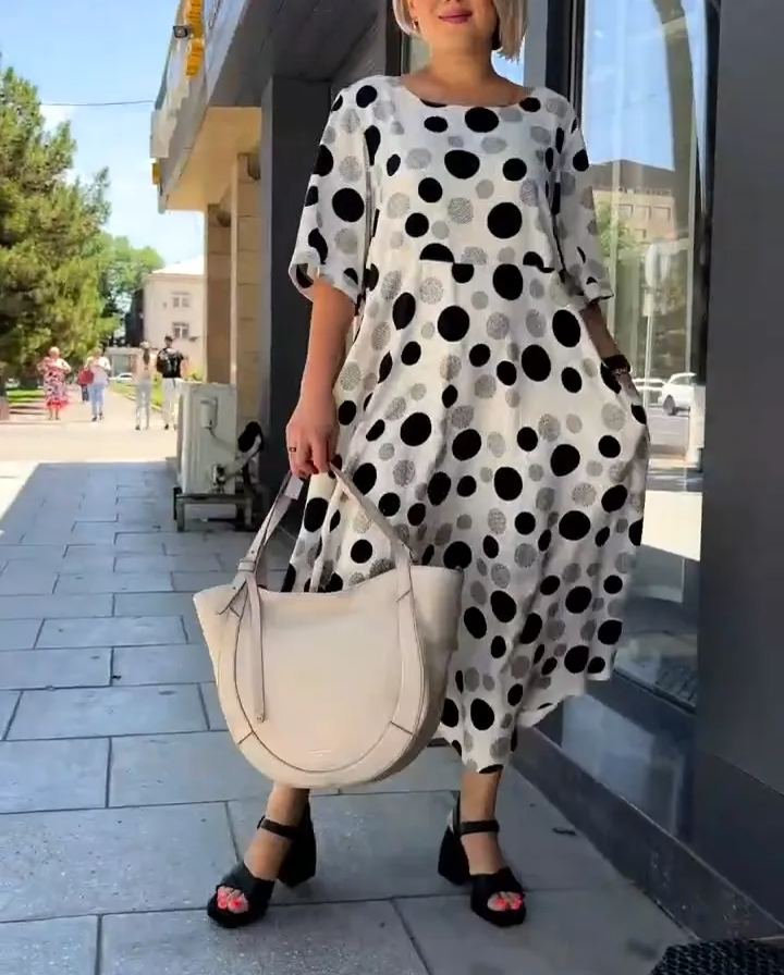 Polka Dot Print Short Sleeve Long Dress