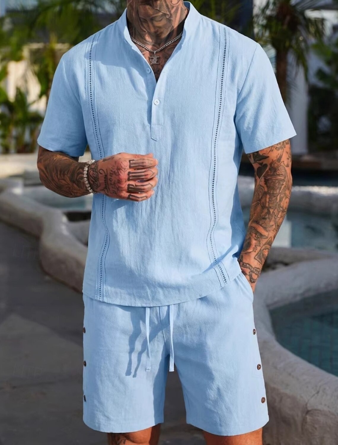  Men's Linen Shirt 2 Piece Popover Shirt And Shorts Linen Shorts Beach Shorts Set Plain Casual Daily Outdoor Grandad Collar Short Sleeve Summer Fashion Casual Comfortable Clothing Apparel