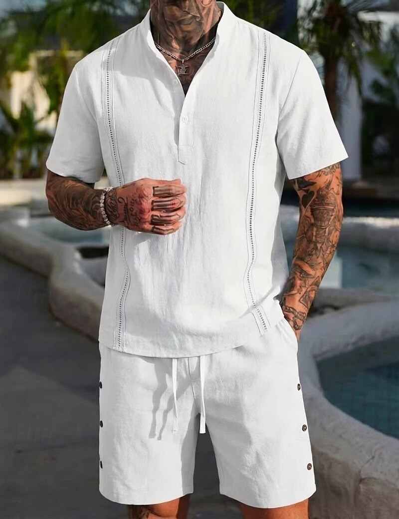  Men's Linen Shirt 2 Piece Popover Shirt And Shorts Linen Shorts Beach Shorts Set Plain Casual Daily Outdoor Grandad Collar Short Sleeve Summer Fashion Casual Comfortable Clothing Apparel