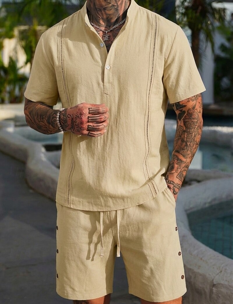  Men's Linen Shirt 2 Piece Popover Shirt And Shorts Linen Shorts Beach Shorts Set Plain Casual Daily Outdoor Grandad Collar Short Sleeve Summer Fashion Casual Comfortable Clothing Apparel