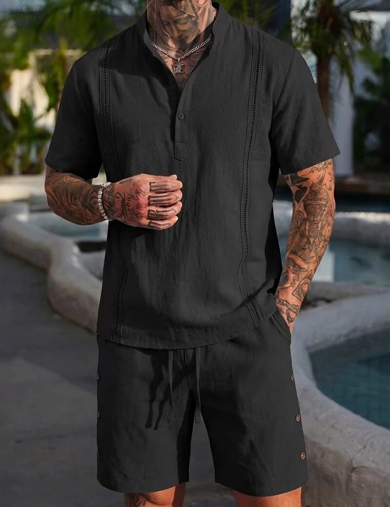  Men's Linen Shirt 2 Piece Popover Shirt And Shorts Linen Shorts Beach Shorts Set Plain Casual Daily Outdoor Grandad Collar Short Sleeve Summer Fashion Casual Comfortable Clothing Apparel