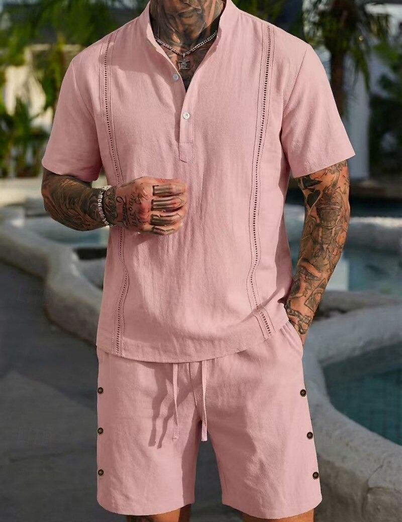  Men's Linen Shirt 2 Piece Popover Shirt And Shorts Linen Shorts Beach Shorts Set Plain Casual Daily Outdoor Grandad Collar Short Sleeve Summer Fashion Casual Comfortable Clothing Apparel