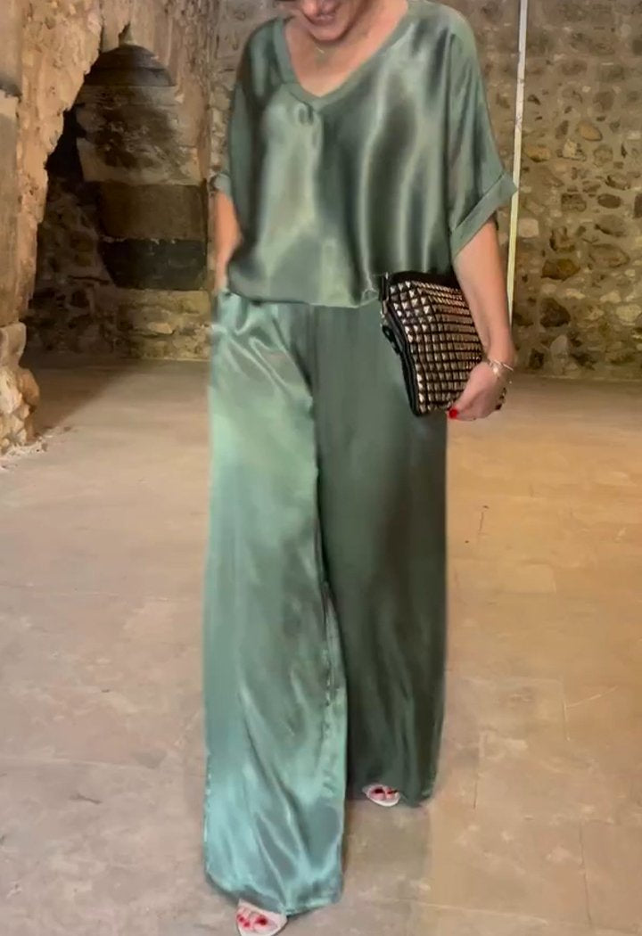 V-neck Satin Two-piece Suit