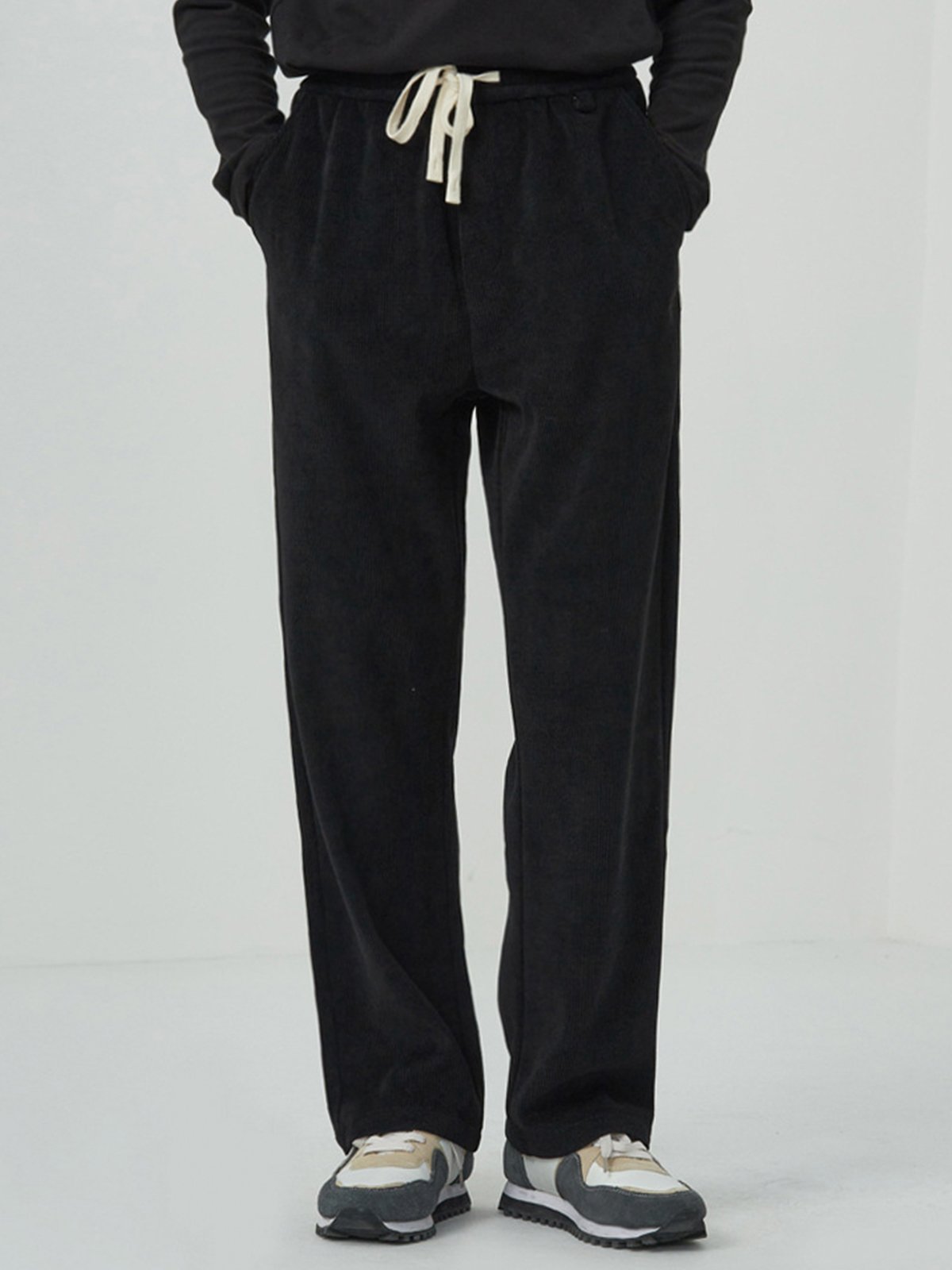 Fleece-Lined Corduroy Straight Drawstring Pants-Zittor