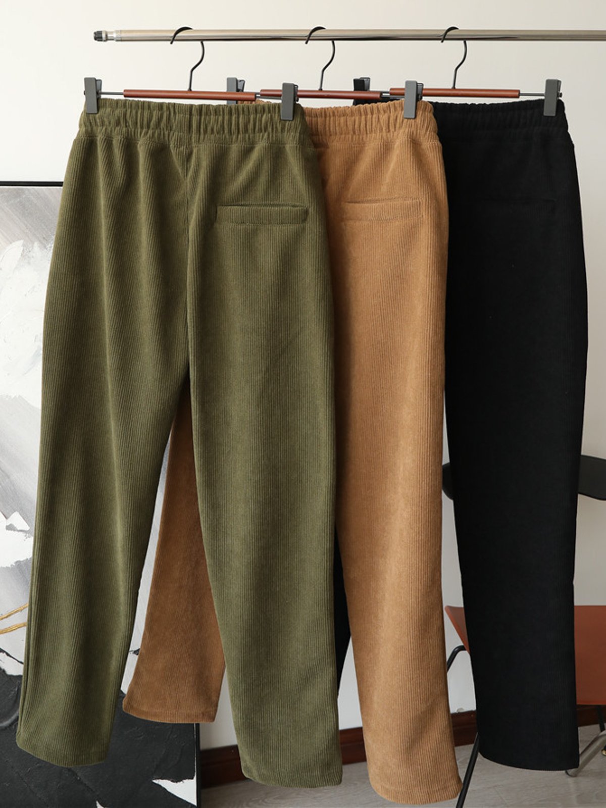 Corduroy Fleece-Lined Elastic Waist Straight Pants-Zittor
