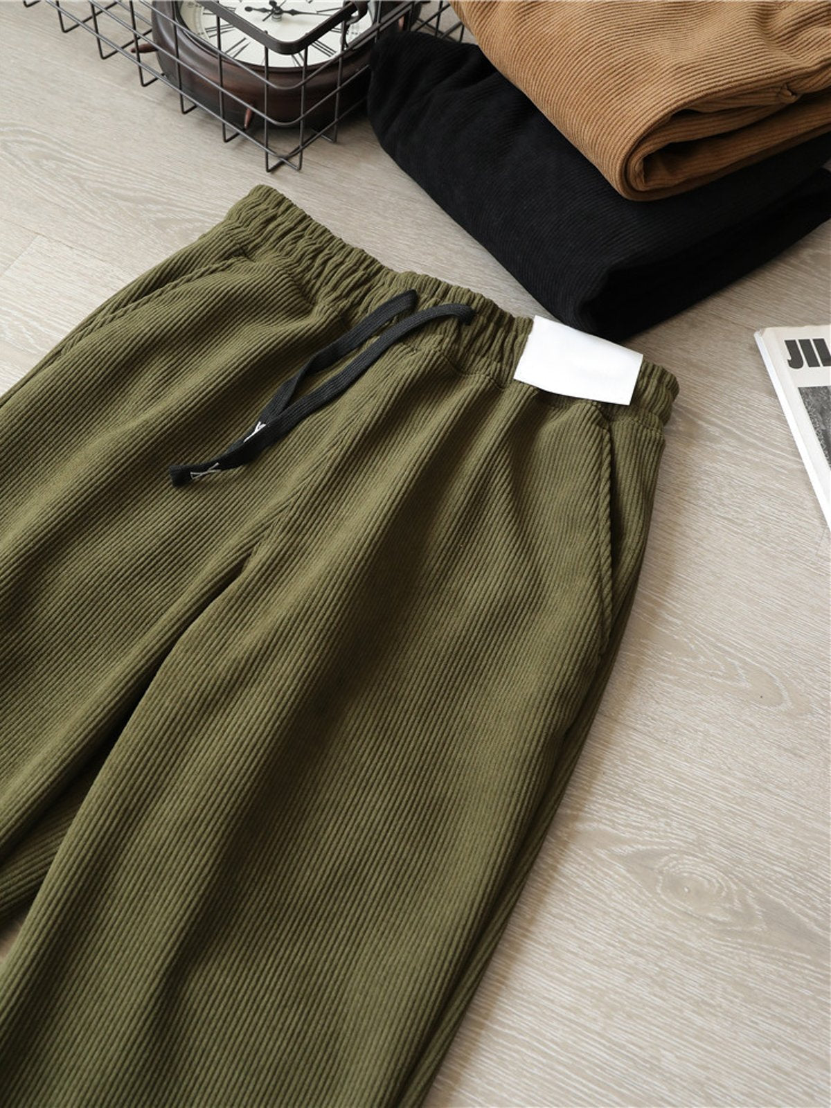 Corduroy Fleece-Lined Elastic Waist Straight Pants-Zittor