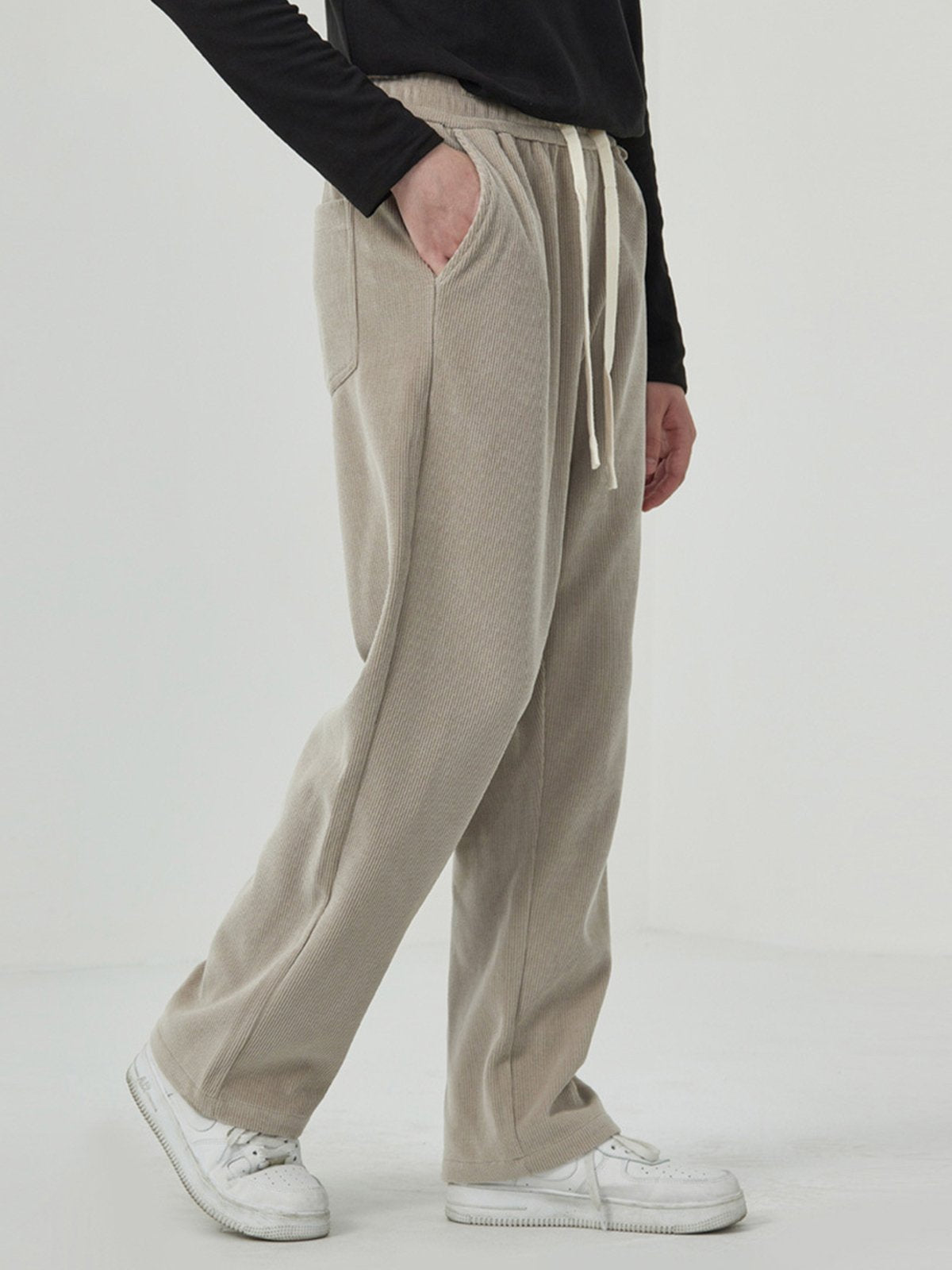 Fleece-Lined Corduroy Straight Drawstring Pants-Zittor