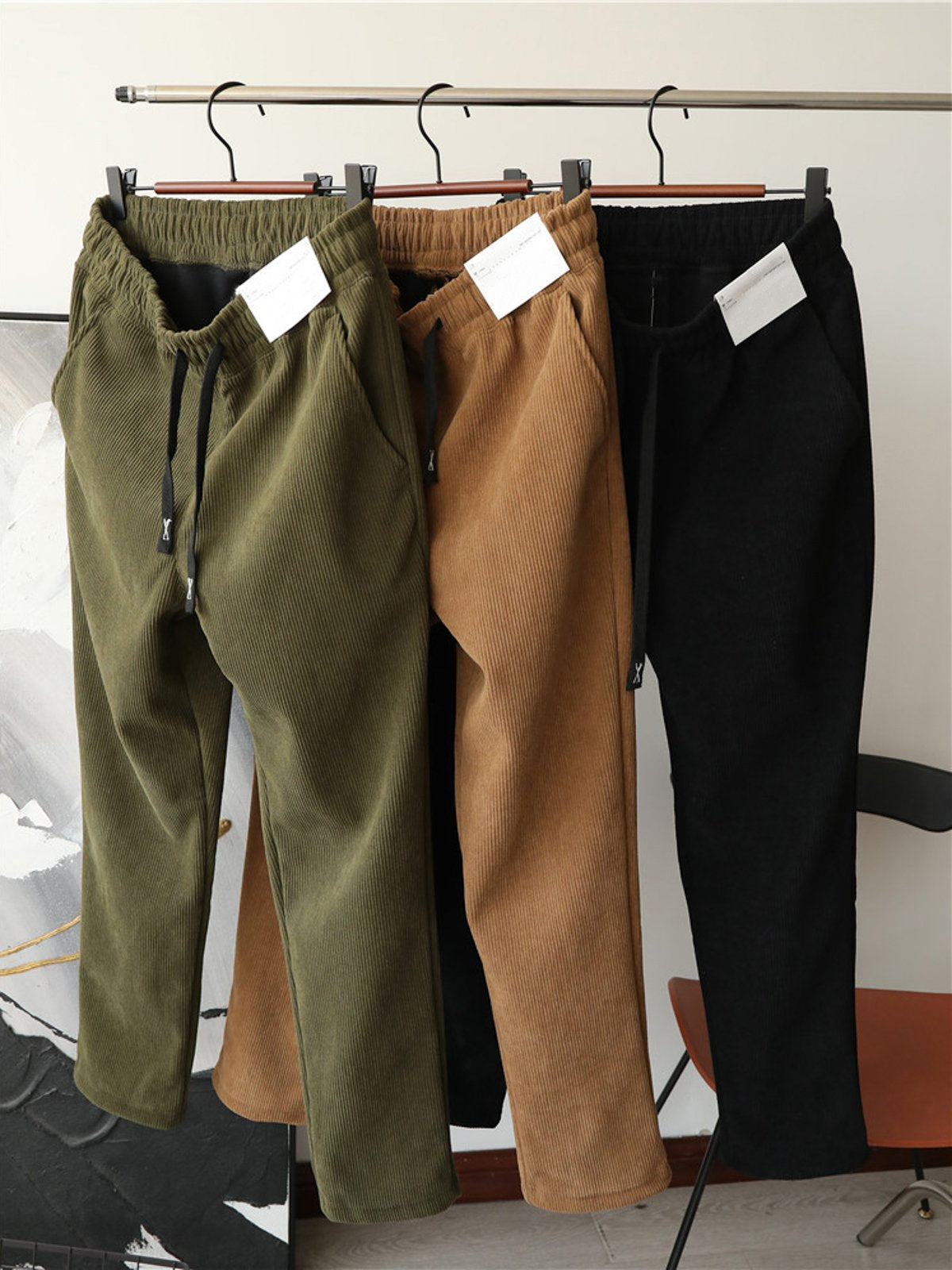 Corduroy Fleece-Lined Elastic Waist Straight Pants-Zittor