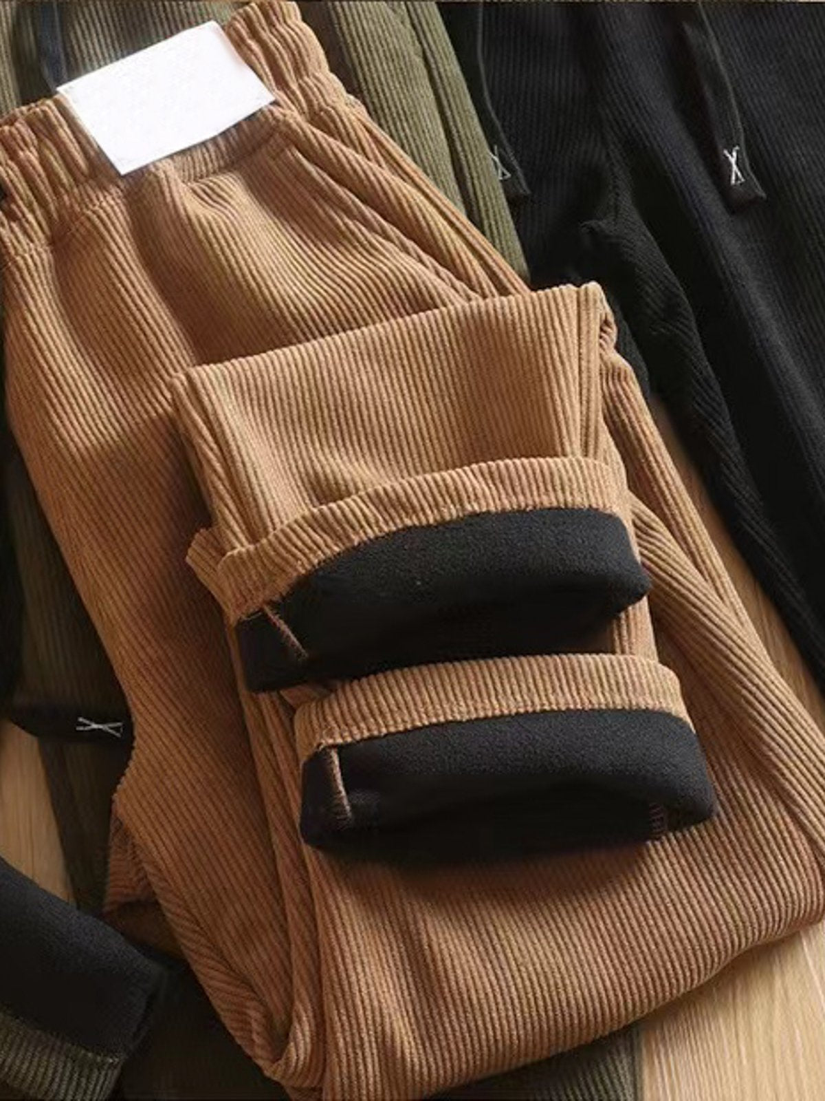 Corduroy Fleece-Lined Elastic Waist Straight Pants-Zittor