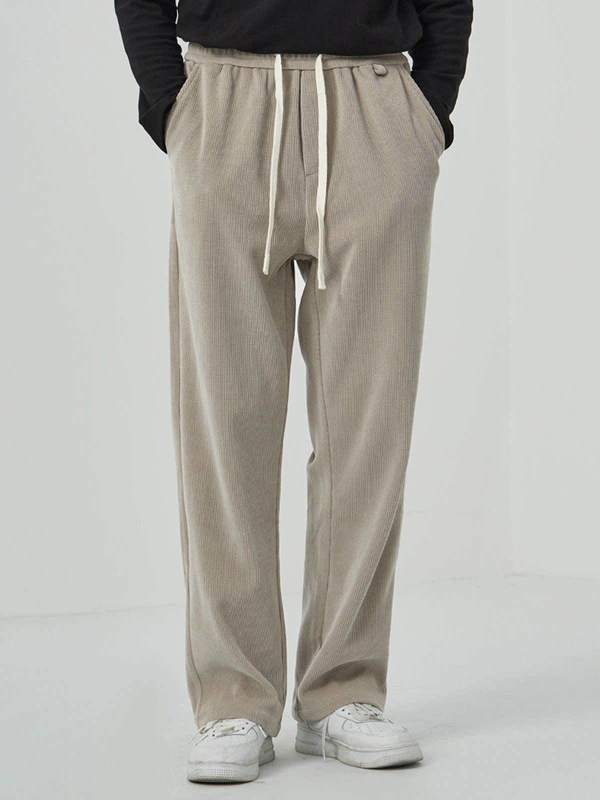 Fleece-Lined Corduroy Straight Drawstring Pants-Zittor